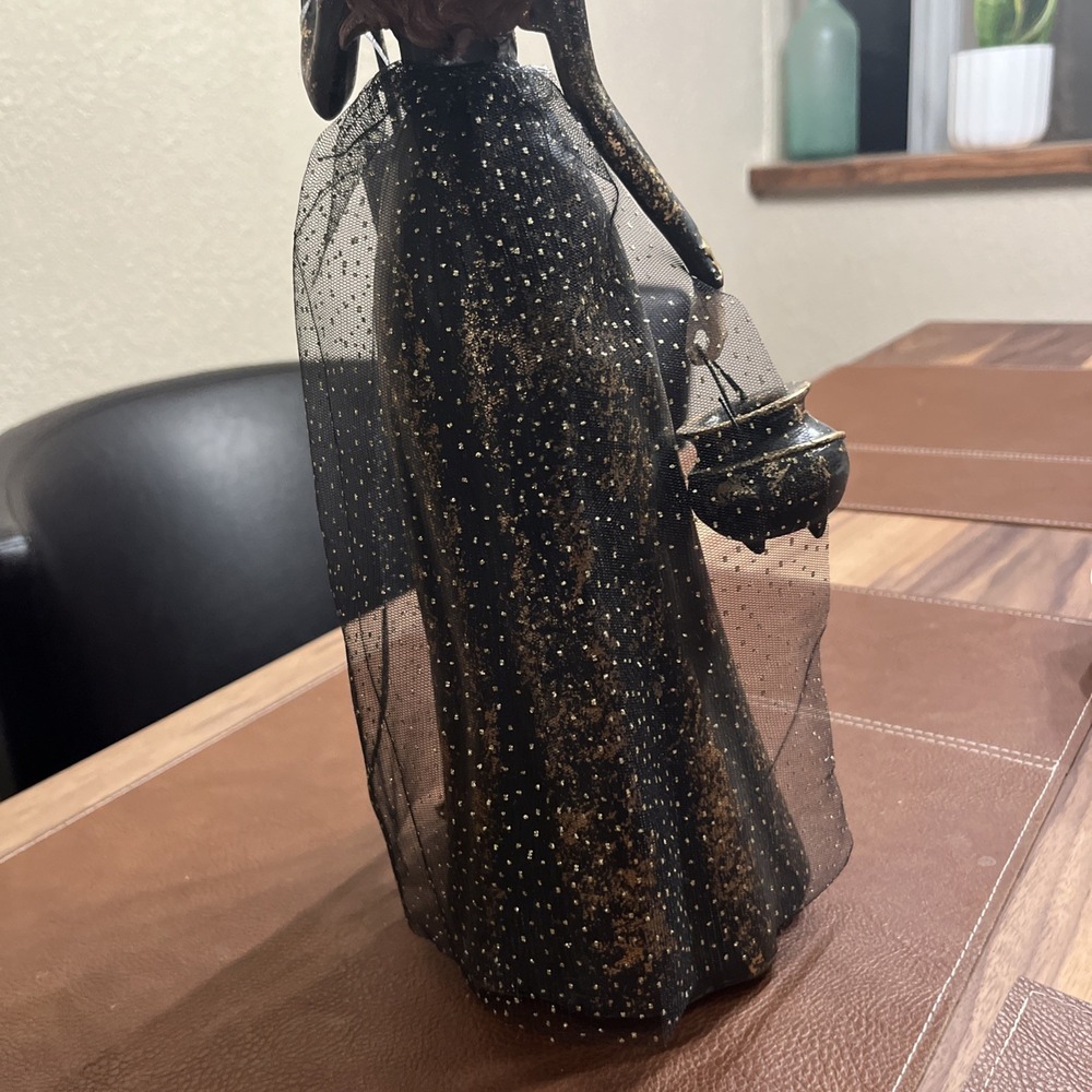 Bella Lux Gothic Witch Figurine Halloween Decor Black Gold Tulle Gown Broom 18in - Picture 7 of 10